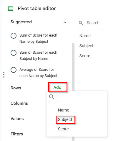 add subject in the rows