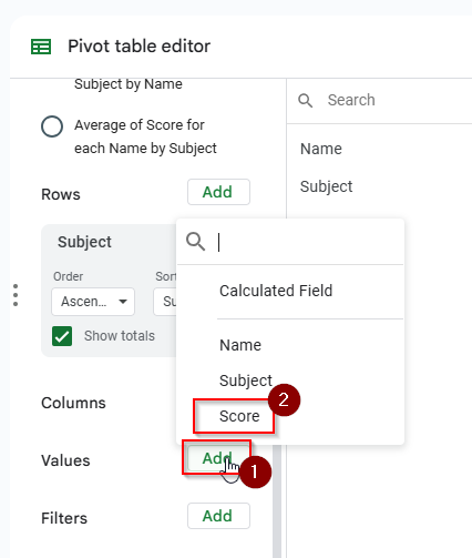 choose score in the value option