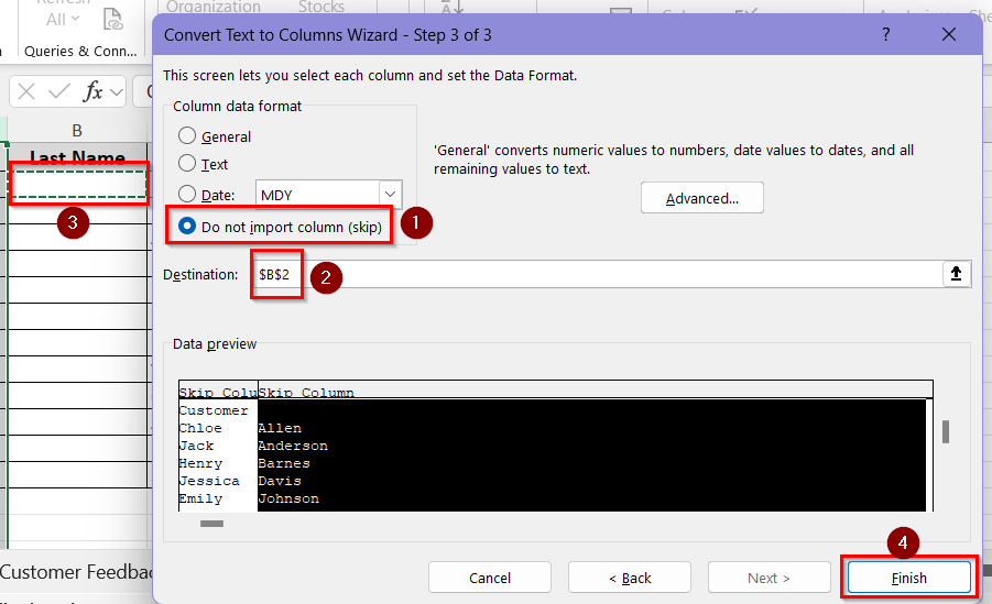 clicking don't import column