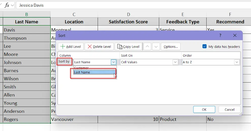 clicking sort by and last name option 