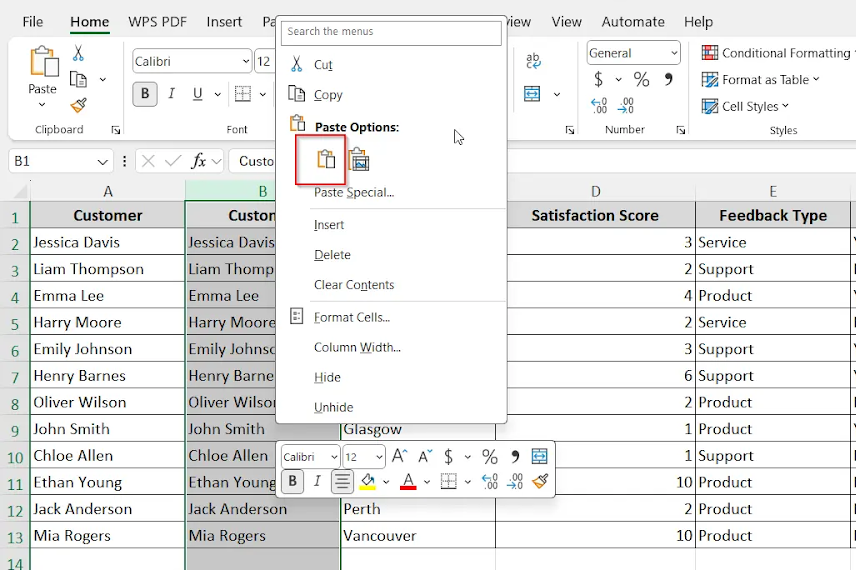 clicking paste option