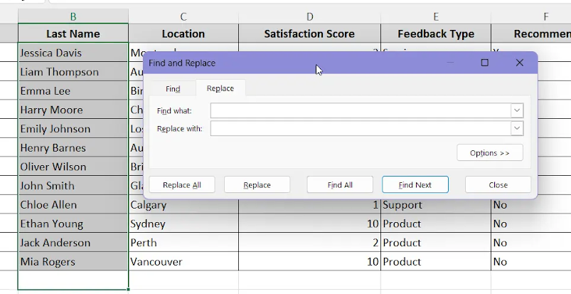 Opening Find and replace dialogue box