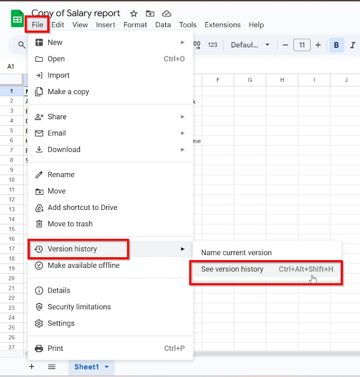 clicking file and version history option