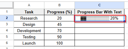 result of progress bar with text in cell C2