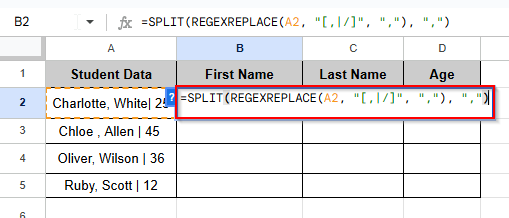 entering formula to split cell multiple delimeters
