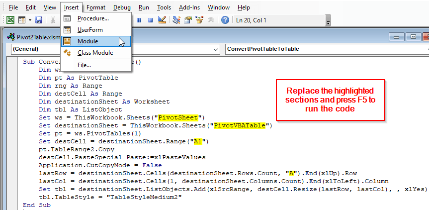 Using VBA to Convert Pivot Table to Table