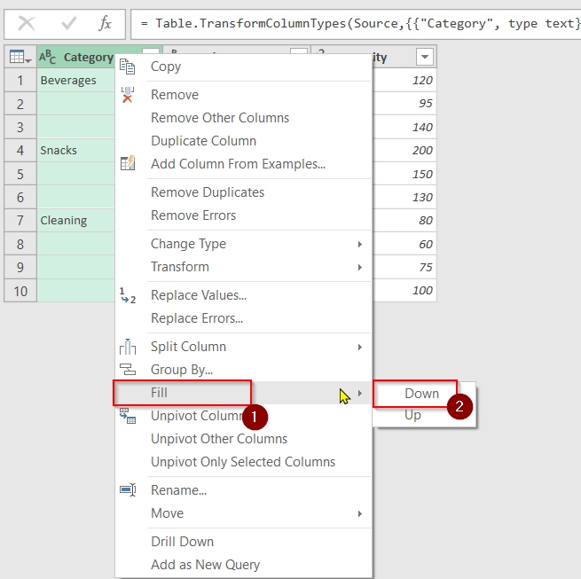 Applying Power Query Fill Down Method