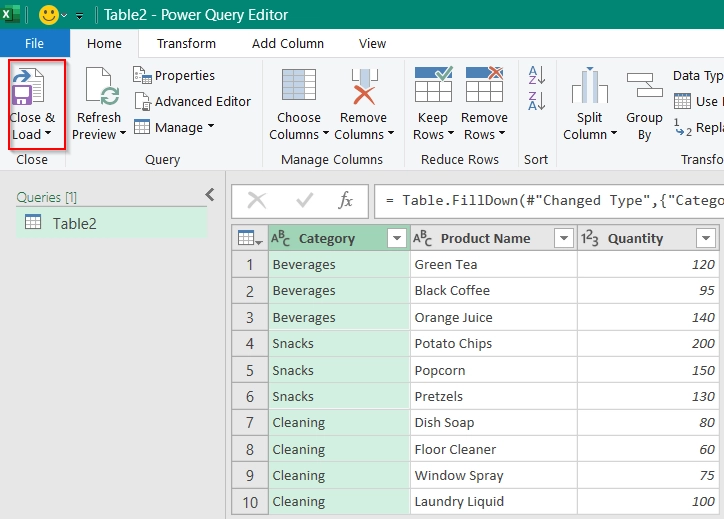Applying Power Query Fill Down Method