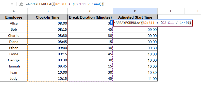 Using ArrayFormulas for Bulk Time Addition