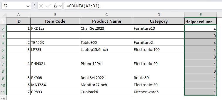 Applying the COUNTA Function and a Filter