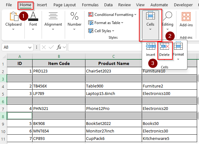 Manually Deleting Cells with the Delete Option