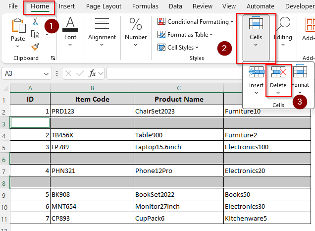 Deleting Empty Rows with the Find & Select Tool