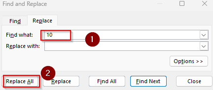 Manually Remove Numbers with Find & Replace Tool