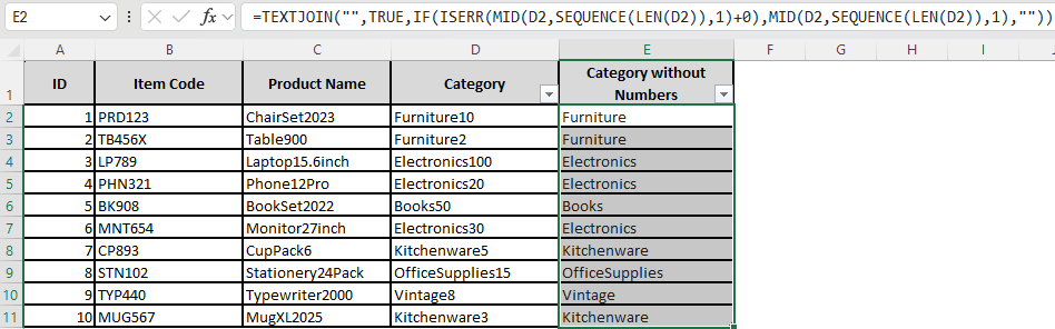 Apply Excel Formula with TEXTJOIN, ISNONTEXT, and MID Functions