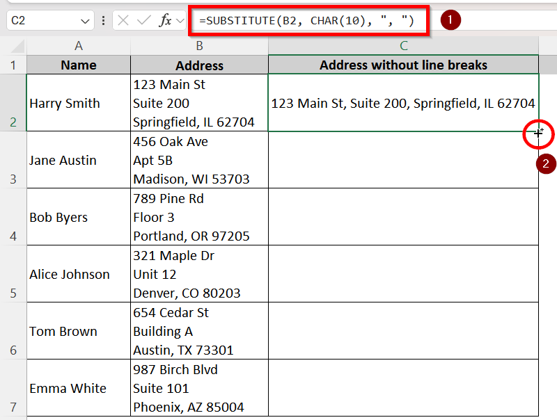 Apply SUBSTITUTE Function in Excel to Remove Line Breaks