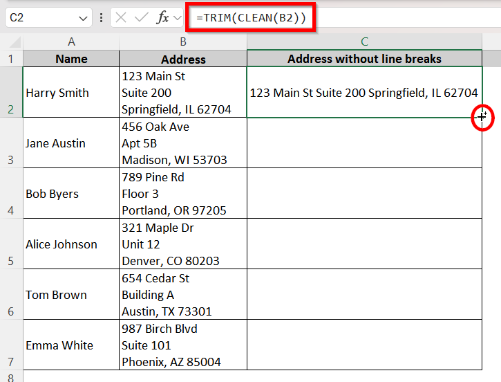 Combine Trim and Clean Functions to Remove Line Breaks in Excel
