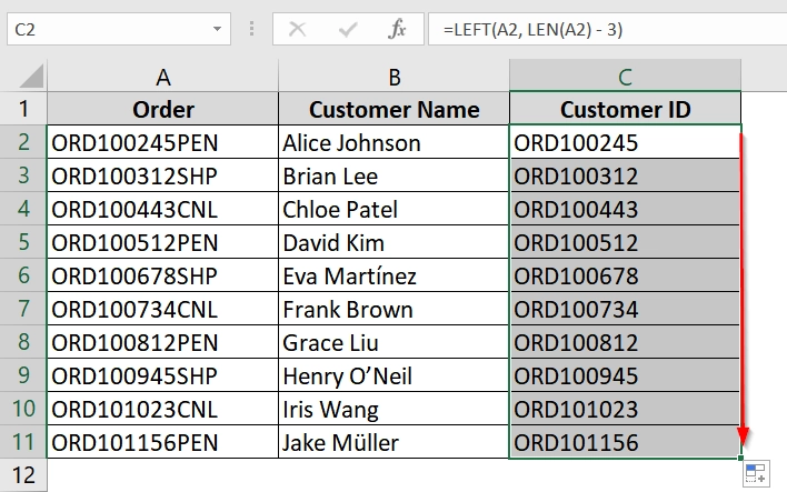 Combining LEFT & LEN Functions to Remove Last 3 Characters From a Cell
