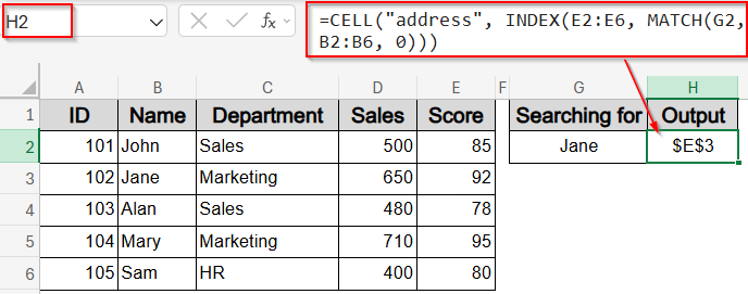 Lookup and Return Cell Address Using CELL with INDEX and MATCH