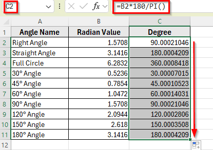 Apply a Simple Formula with PI Function to Convert Radians Manually