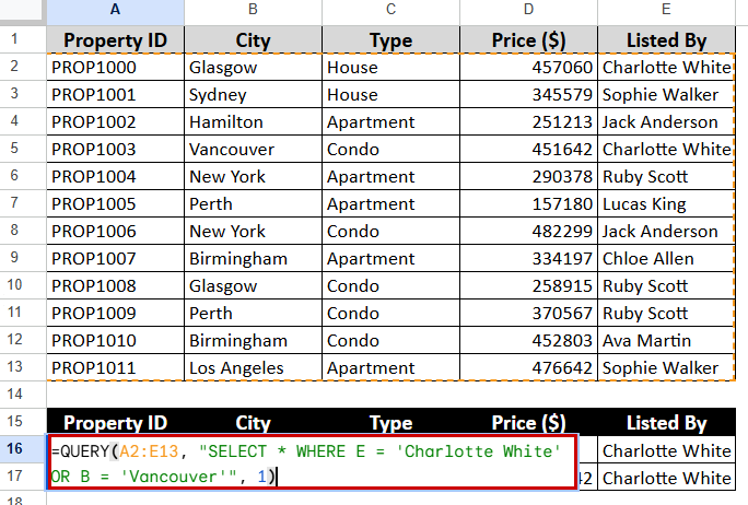 Using the QUERY Function with Multiple Conditions