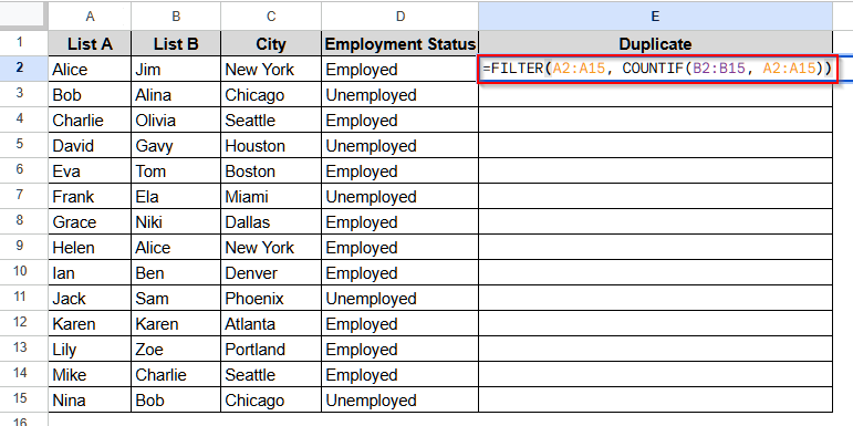 Find Duplicates in Two Columns of Google Sheets Dataset Using the Filter Function
