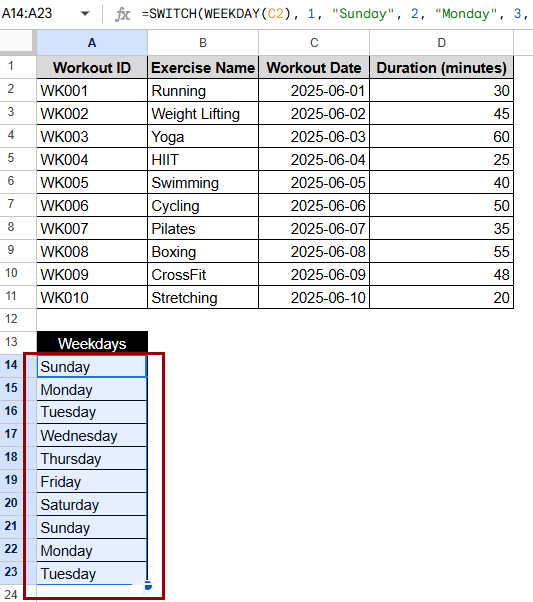 Combining WEEKDAY with SWITCH Function