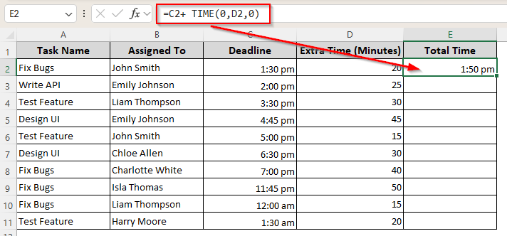 Using the TIME Function to Add Minutes