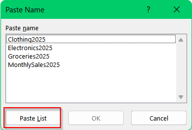 Using Keyboard Shortcut to Paste Range Names in Excel