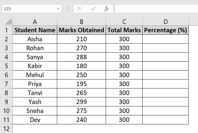 Using Percent Style with Formula for Marksheet in Excel