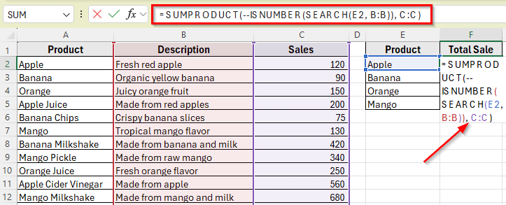 Apply SUMPRODUCT Function to Match Text in Another Cell