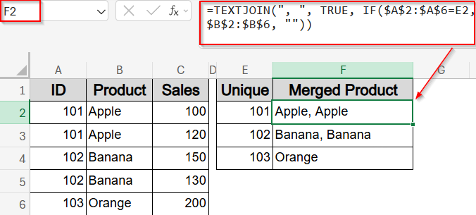 Merge Text Values with TEXTJOIN and IF Function