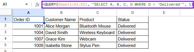 Using QUERY Function to Copy Data Based on Conditions