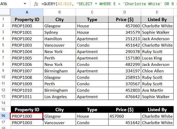 Using the QUERY Function with Multiple Conditions