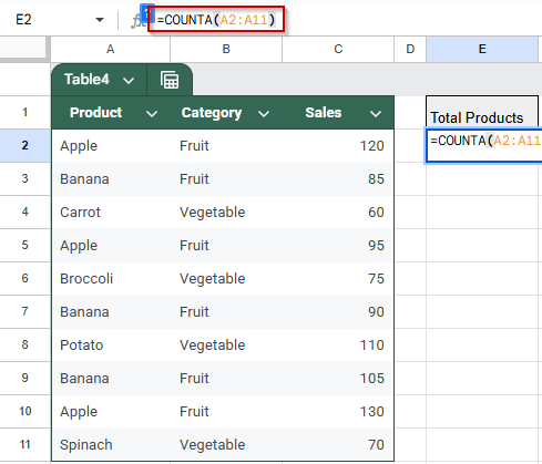 Count All Non-Empty Cells With Values Using COUNTA Function