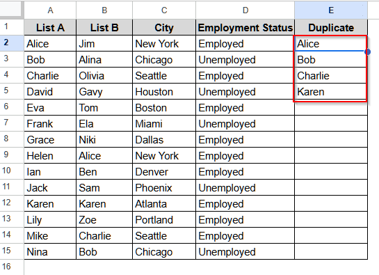 Find Duplicates in Two Columns of Google Sheets Dataset Using the Filter Function
