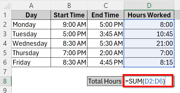 Calculate Total Hours Using MOD Function and Time Difference formula