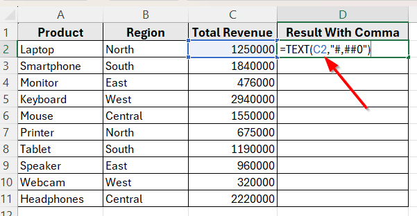 Use the TEXT Function to Convert Numbers with Commas