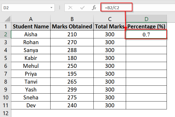 Using Percent Style with Formula for Marksheet in Excel