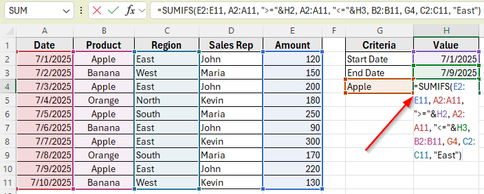 Using SUMIFS to Filter by Date Range with Multiple Criteria