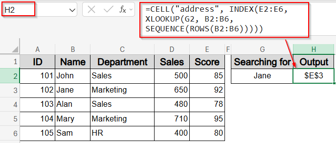 Lookup and Return Cell Address by Combining CELL & XLOOKUP Functions