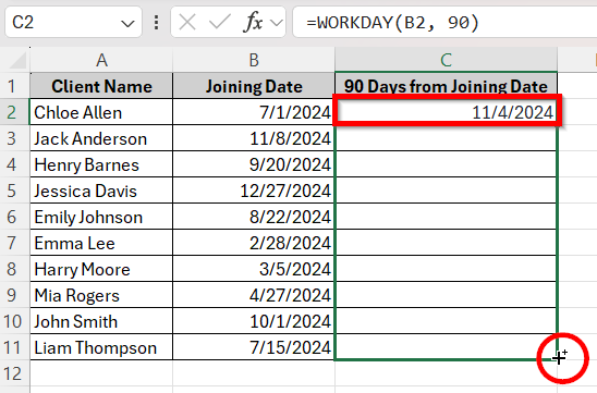 Calculate 90 Business Days With The WORKDAY Function (Exclude Weekends)