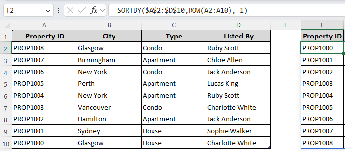 Flip Table Data with the SORTBY and ROW Functions