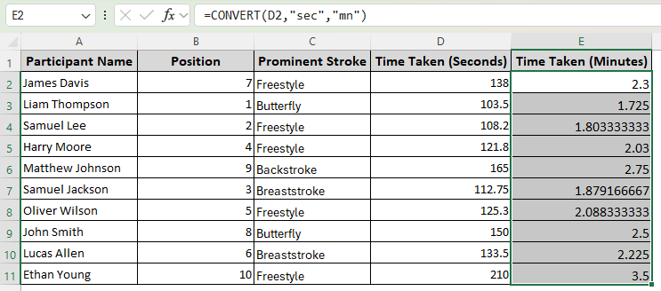 Seconds to Minutes Conversion with the CONVERT Function