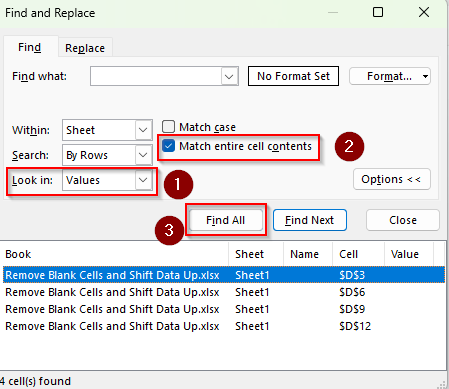 Delete Cells and Shift Data with the Find Command