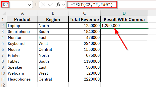 Use the TEXT Function to Convert Numbers with Commas