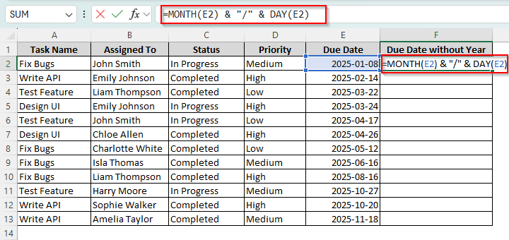 Combining the DAY and MONTH Functions