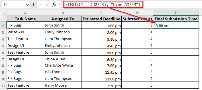 Deduct Hours and Specify Time Format with the TEXT Function