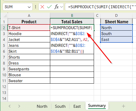 Combine SUMPRODUCT, SUMIF, and INDIRECT Function to Sum Across Sheets