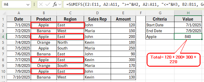 Using SUMIFS to Filter by Date Range with Multiple Criteria