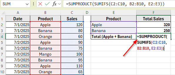 Combine SUMIFS with SUMPRODUCT Function to Add Multiple Criteria in the Same Column